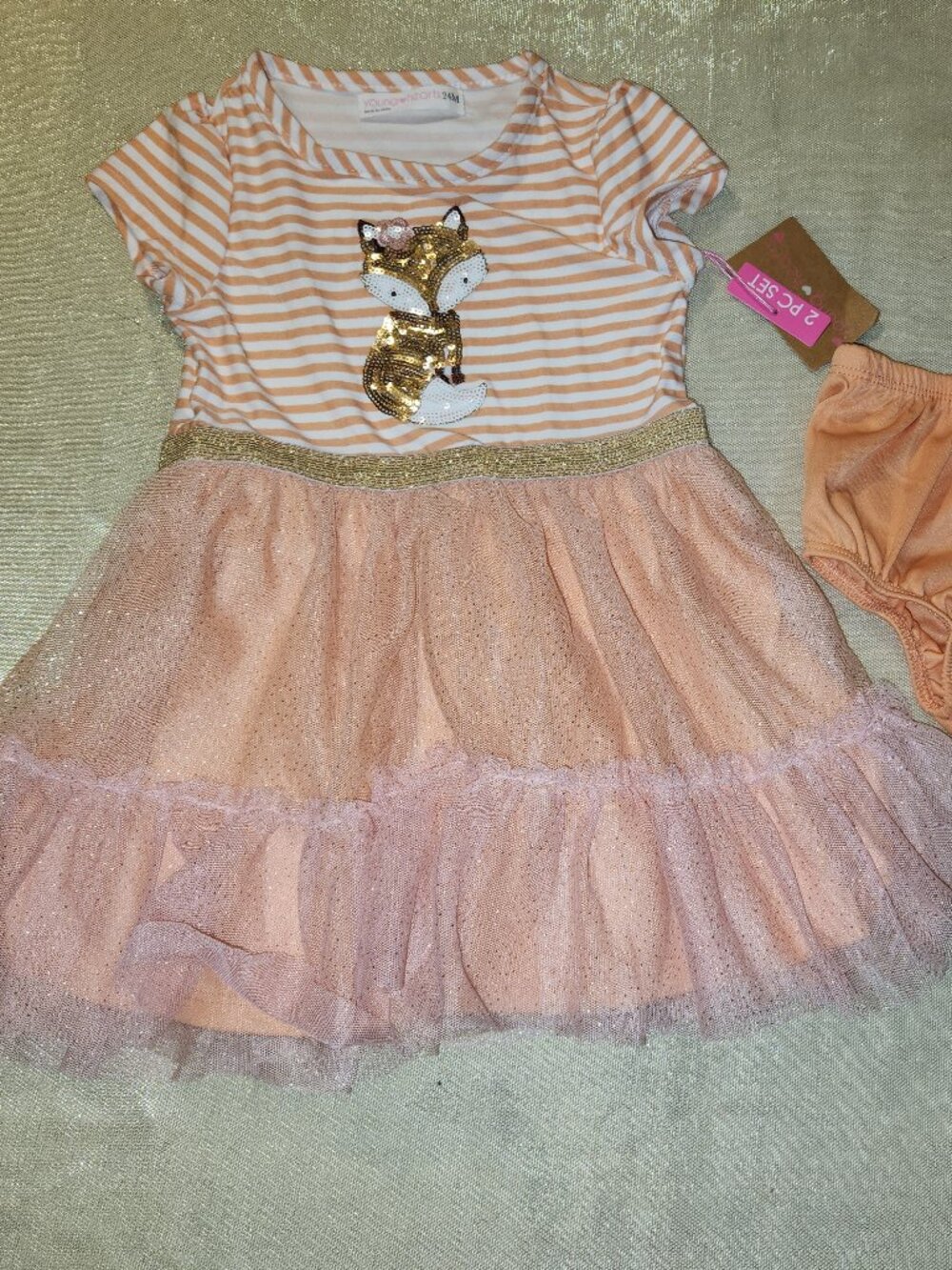 Young Hearts Girls Fox Tutu Dress 24M Peach Gold Sequin Bloomer NEW 2 Pc Set